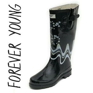 Women's Rain Boots, Tall Waterproof Wavy Pattern Rainboots, RB-1507